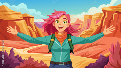 close up Woman hiker with pink hair enjoying freedom with open arms in front of Charyn Canyon, Kazakhstan