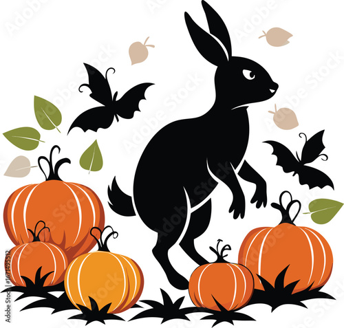 Silhouette of Rabbit Hopping Past Pumpkins