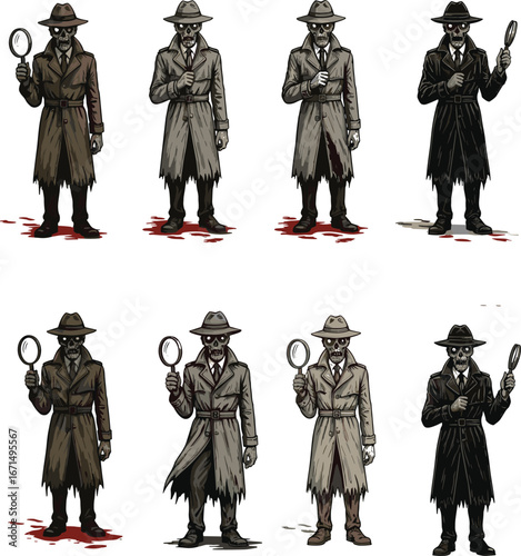 Zombie detective characters set, horror mystery undead investigator illustration, creepy noir monster style, spooky cartoon crime vector artwork