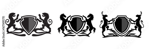 A set of vintage heraldic crest logos featuring shield, lion, horse, and deer silhouettes. Perfect for luxury branding, royal emblem, coat of arms, hotel logo, sports club, or premium fashion identity
