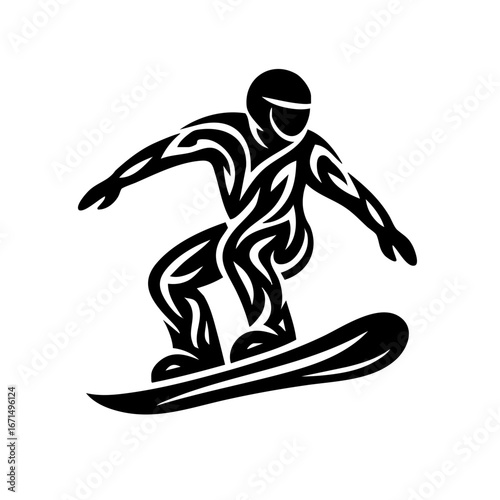 tribal-style snowboarding logo with a rider silhouette and stylized board