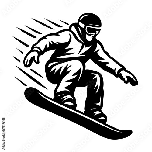Black and white logo of a snowboarder mid-jump with dynamic motion lines