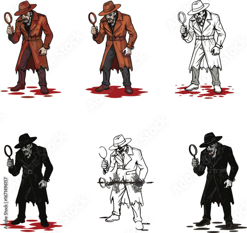 Mysterious detective zombie character illustration, noir horror concept, cartoon investigator with magnifying glass, dripping blood, crime scene, vector art