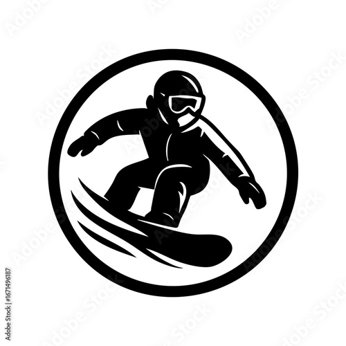 Monochrome logo of a snowboarder carving through snow