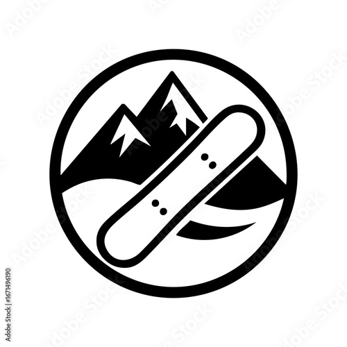 snowboarding emblem with a snowboard crossed with mountain peaks