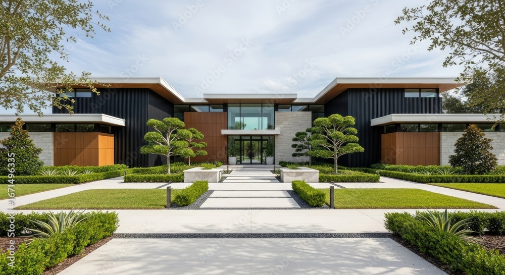 Fototapeta premium Modern luxurious house with well - manicured lawn and landscaped front yard