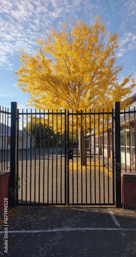 Golden autumn tree behind metal gates