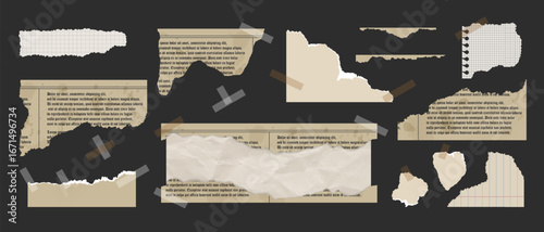 Set of torn pieces of paper and old newspapers, Scrapbook notes cute torn vintage pieces of notebooks and notepads for collage, Vector illustration.