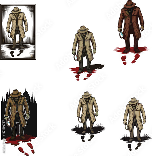 Mysterious detective illustration, noir investigator with magnifying glass, blood footprints, trench coat character, vintage crime scene art, vector drawing