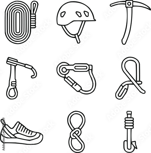 Mountaineering and Rappel Drill Outline Icon Set  Adventure and Safety Equipment