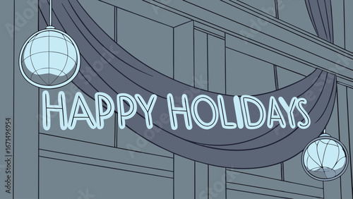 Festive 'Happy Holidays' banner with sparkling disco balls and draped fabric, perfect for seasonal greetings