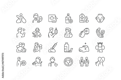 Collection of hand-drawn line icons representing diverse medical and healthcare professions and actions white background