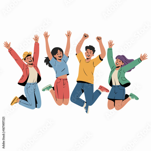 group of happy people jumping diverse individuals mid-jump, expressing excitement and celebration. Each person should have one or both arms raised and legs bent to capture the energy of the moment