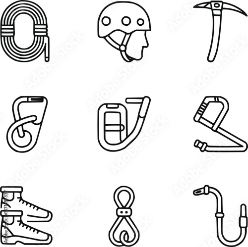 Mountaineering and Rappel Drill Outline Icon Set  Adventure and Safety Equipment