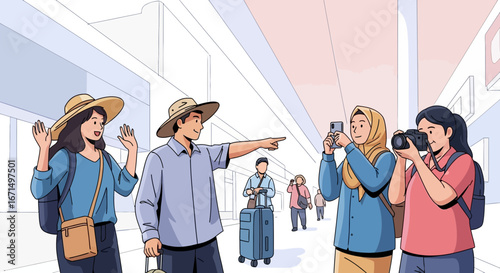 An illustrated group of diverse tourists on vacation, with a guide pointing the way while others take photos.