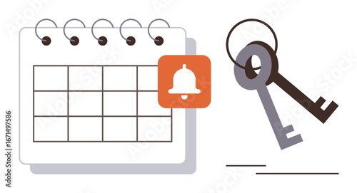 Calendar with orange notification bell and two crossed keys symbolizing reminders, planning, and security. Ideal for scheduling, deadlines, privacy, organization, time management, and task reminders