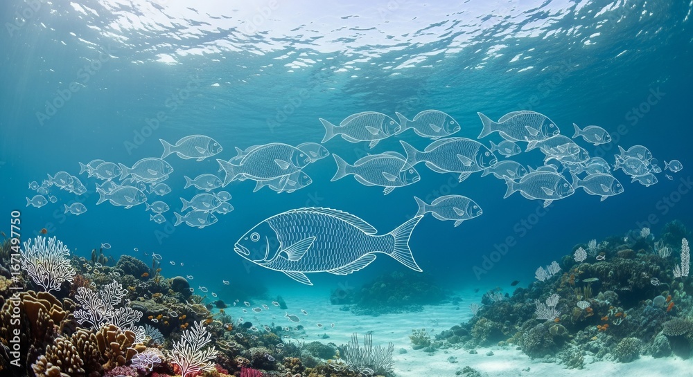 Fototapeta premium School of Fish Swimming Underwater Near Colorful Coral Reef