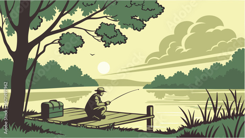 Serene angler casts line from wooden dock into calm lake at sunrise, enjoying peaceful outdoor recreation.