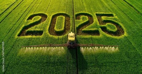 Aerial view of a vibrant green field with the year 2025 spelled out in large numbers, a yellow agricultural sprayer traversing the field