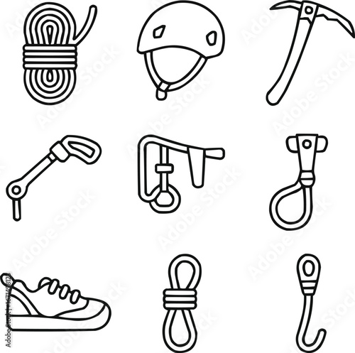 Mountaineering and Rappel Drill Outline Icon Set  Adventure and Safety Equipment