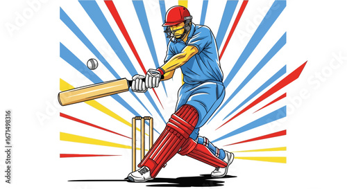 Dynamic comic-style illustration of a cricket batsman in full swing, hitting the ball in front of the wickets.