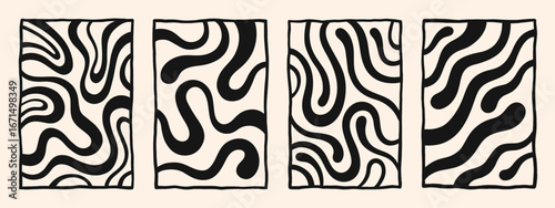 Hand drawn framed abstract rectangle backgrounds set. Twisted doodle uneven wavy organic winding lines, fluid curved wiggling free blob shapes. Liquid funky chaotic groovy hippie patterns collection.