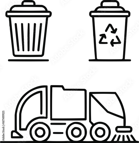 Municipal Cleaning Icons in Line Style  Recycling and Waste Disposal