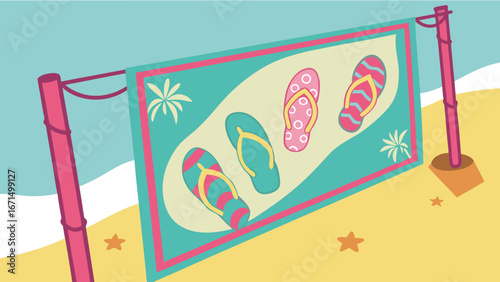 Vibrant beach towel displays colorful flip-flops on a sunny summer day seaside