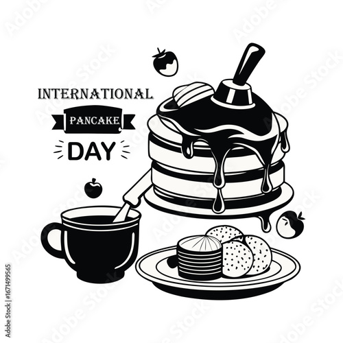 Black and white vector illustration celebrating international pancake day with delicious stack of pancakes and coffee cup vector