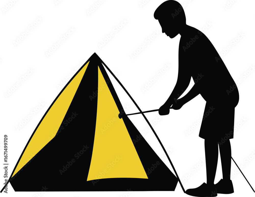 Obraz premium Silhouette of Person Setting Up Tent