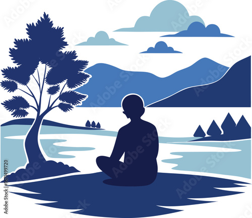 Silhouette of Person Sitting by Lake