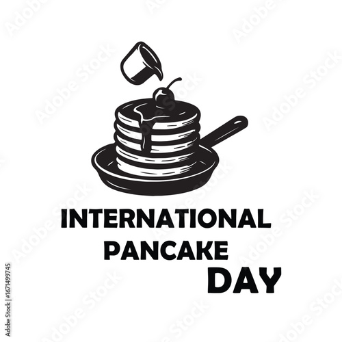 International pancake day celebration stack of pancakes with syrup and cherry in frying pan delicious breakfast treat graphic design vector