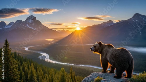 Majestic grizzly bear watches sunrise over a valley nestled amongst towering mountains.