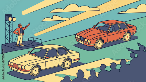 Dynamic automotive event showcases sleek classic cars with presenter on stage and crowd watching eagerly
