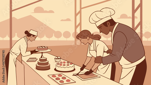 Skilled bakers craft delicious pastries and tiered cakes in a bright, modern kitchen setting.