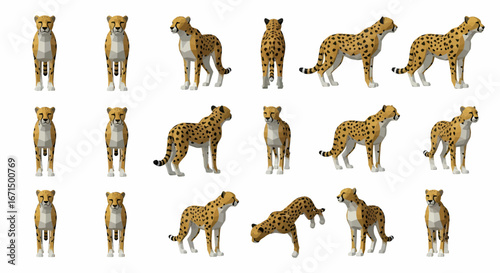 A collection of cheetahs depicted in various poses and from different angles, showcasing their distinctive spotted coats and agile forms.