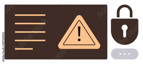 Warning triangle with exclamation mark beside padlock and password field, representing threats, security, protection. Ideal for cybersecurity, privacy, caution, online safety, alerts risk simple
