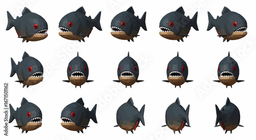 Multiple views of a stylized, dark gray piranha with red eyes and sharp teeth, presented against a white background.