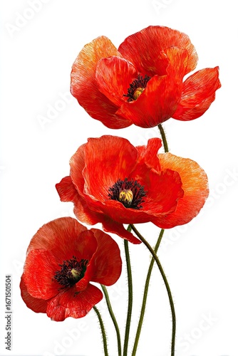 Close-up of three vibrant red poppies against white