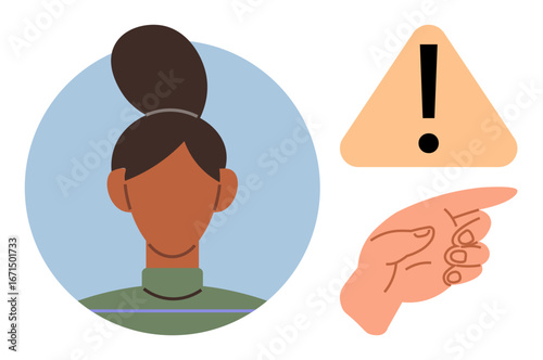 Female avatar in circular frame, yellow exclamation triangle, pointing hand gesture. Ideal for communication, caution, awareness, user interaction, guidance alerts and notifications. Simple flat