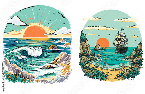 Ocean sunset with big waves and sailing ship on transparent background
