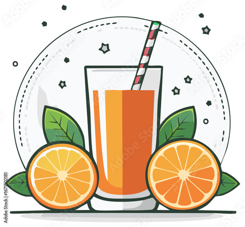 Fresh orange juice in a glass with fruit slices and a straw vector illustration