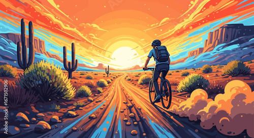 A cyclist rides a mountain bike down a dusty desert road towards a vibrant, colorful sunset.