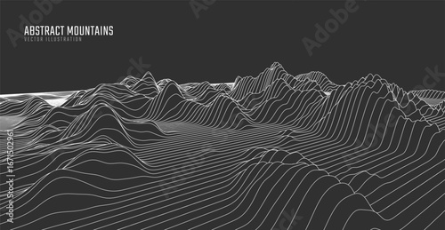 Contour mountain landscape. Waved line art. Abstract minimal topographic map. Contour lines with elevations and terrain depth. Vector illustration.