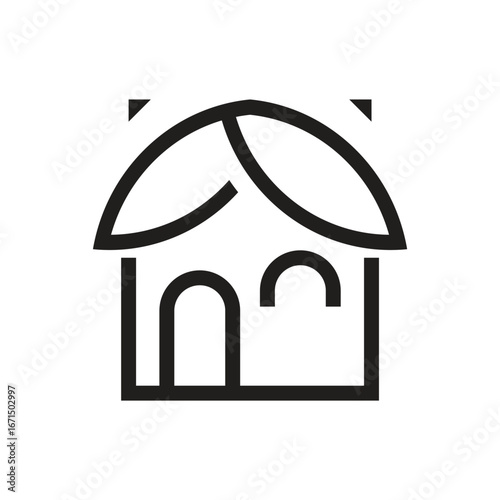 Minimalist house icon with a distinctive curved roof design, representing concepts of home, shelter, and real estate in a clean, modern line art style