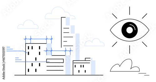 Modern cityscape with skyscrapers, construction scaffolding, and lines representing progress. Artistic open eye and minimalist clouds suggest monitoring, innovation, and global connectivity. Ideal