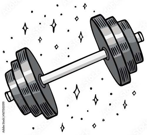 Cartoon dumbbell with stars, fitness illustration, weightlifting equipment. Sports and healthy lifestyle concept
