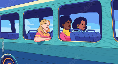 Three diverse women enjoying the view while traveling together on a bus or train in a colorful illustration style.