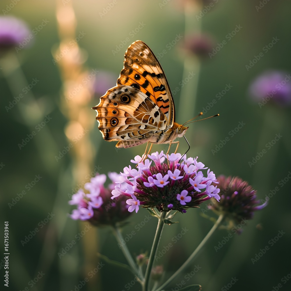 Obraz premium Macro close up of a colorful butterfly resting on wildflowers, vibrant nature background, perfect for spring and summer themes.