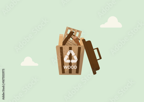 Wood Recycling Container with Scrap Materials. Wood recycling container filled with various wooden scraps, planks and lumber. Wood waste. Wood recycling. Flat design. Zero waste. Vector illustration
